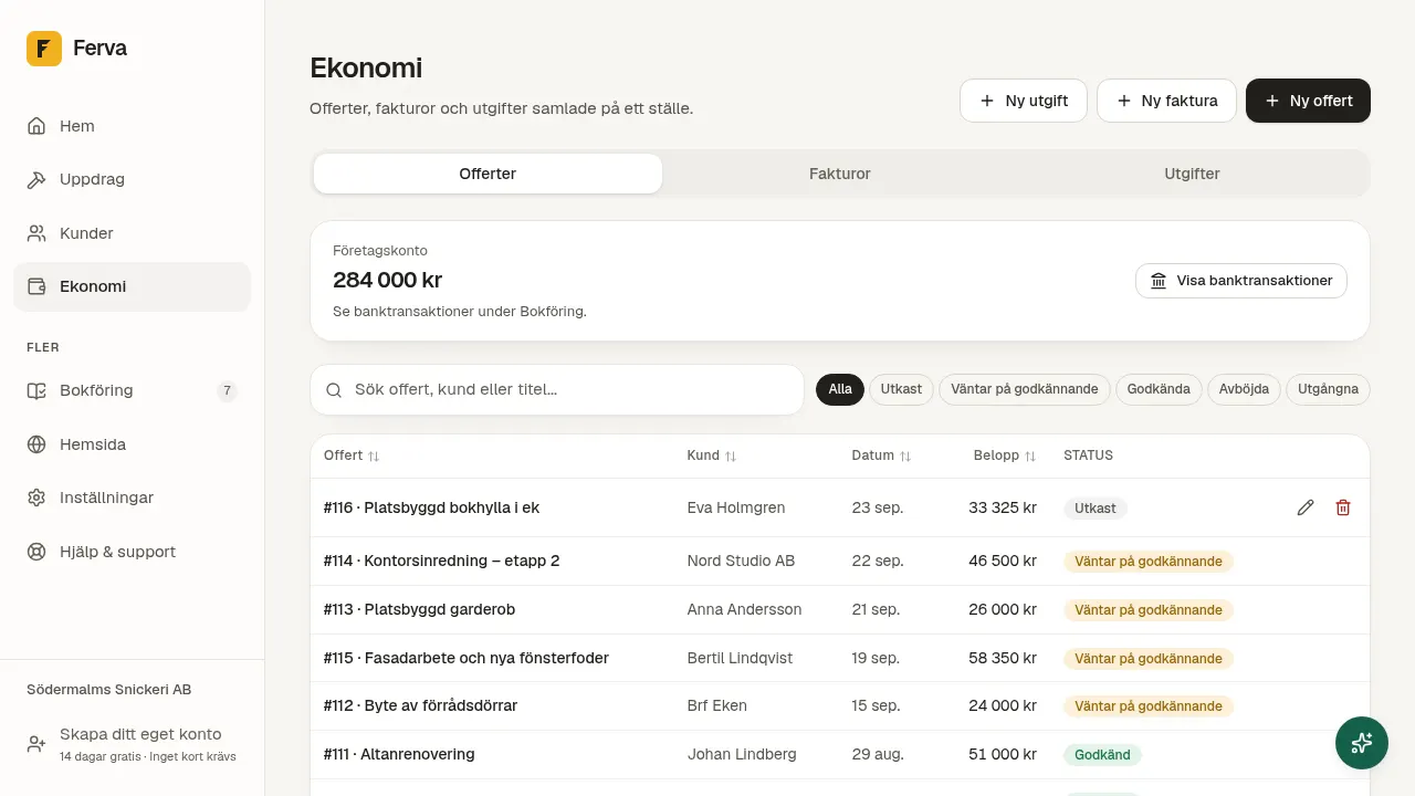 Lista över offerter med status: utkast, väntar på godkännande och godkänd