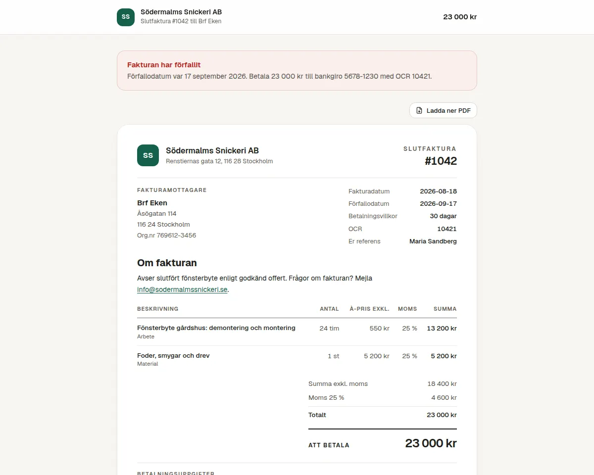 Slutfaktura med OCR-nummer, bankgiro och förfallodatum som kunden ser