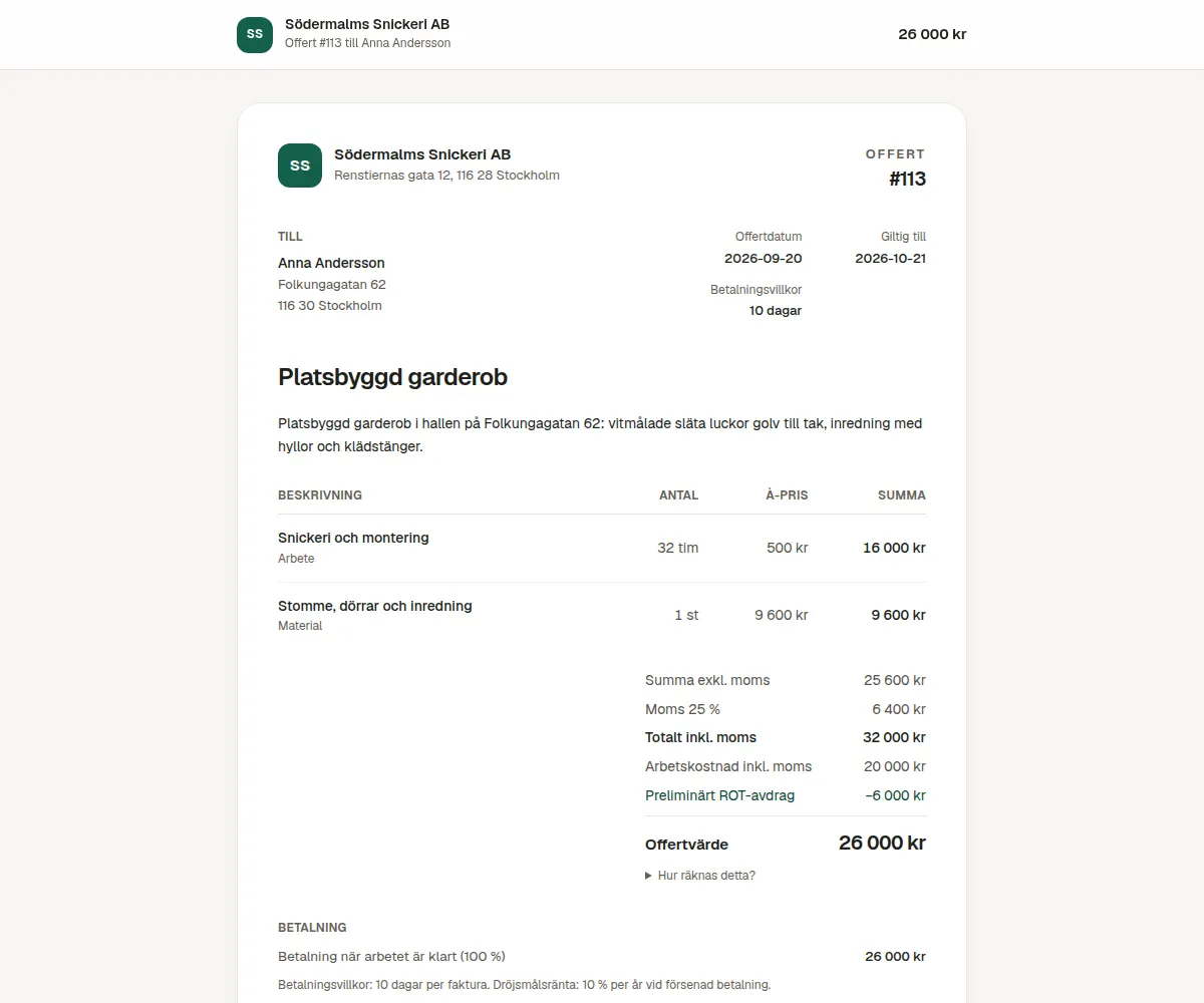 Offert med preliminärt ROT-avdrag som kunden öppnar i en länk