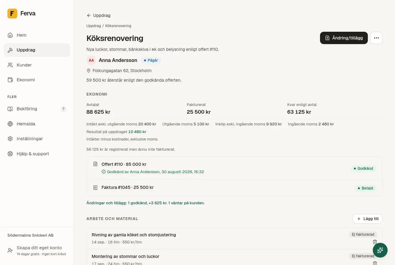 Ett uppdrag i Ferva med godkänd offert, fakturerat belopp, resultat och arbete och material